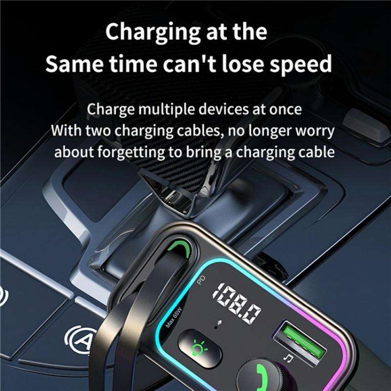 GC08C Dual Type-C Retractable Cables Ambient Light Voltage Display PD 65W Fast Car Charger