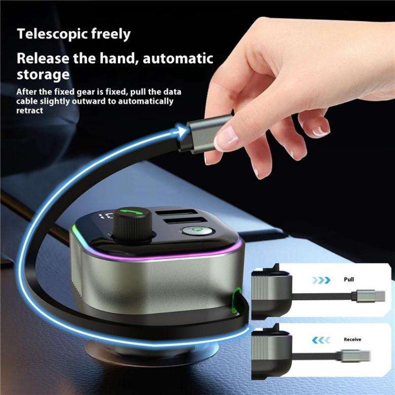 GZ11 Retractable Type-C Cable Voltage Display 65W PD Fast Charging Car Charger MP3 Player