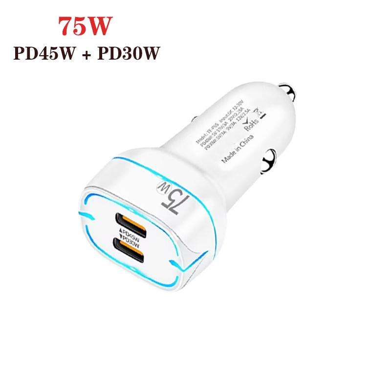P65 75W Dual Port USB-C / Type-C Car Charger with Type-C to Type-C / 8 Pin Data Cable(Black)