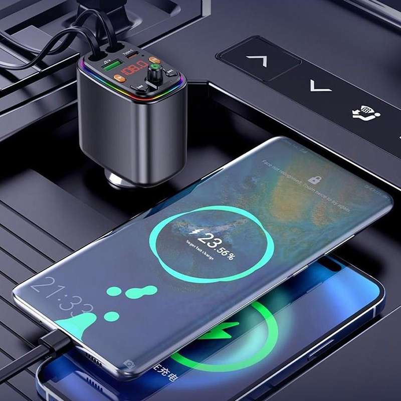 Y10 With Retractable Type C + iP Cable Car Charger FM Transmitter Bluetooth MP3 Player