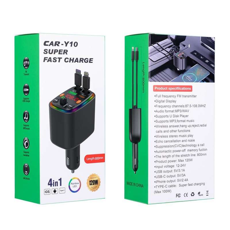 Y10 With Retractable Type C + iP Cable Car Charger FM Transmitter Bluetooth MP3 Player