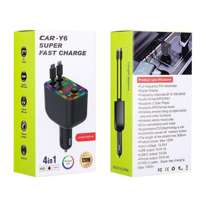 Y6 Retractable Cable EQ Adjustment Bluetooth FM Transmitter Car Charger MP3 Player