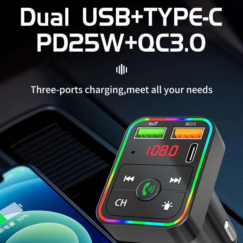 PDF2 With Ambient Light Fast Charger FM Transmitter Bluetooth Hands Free Call MP3 Player