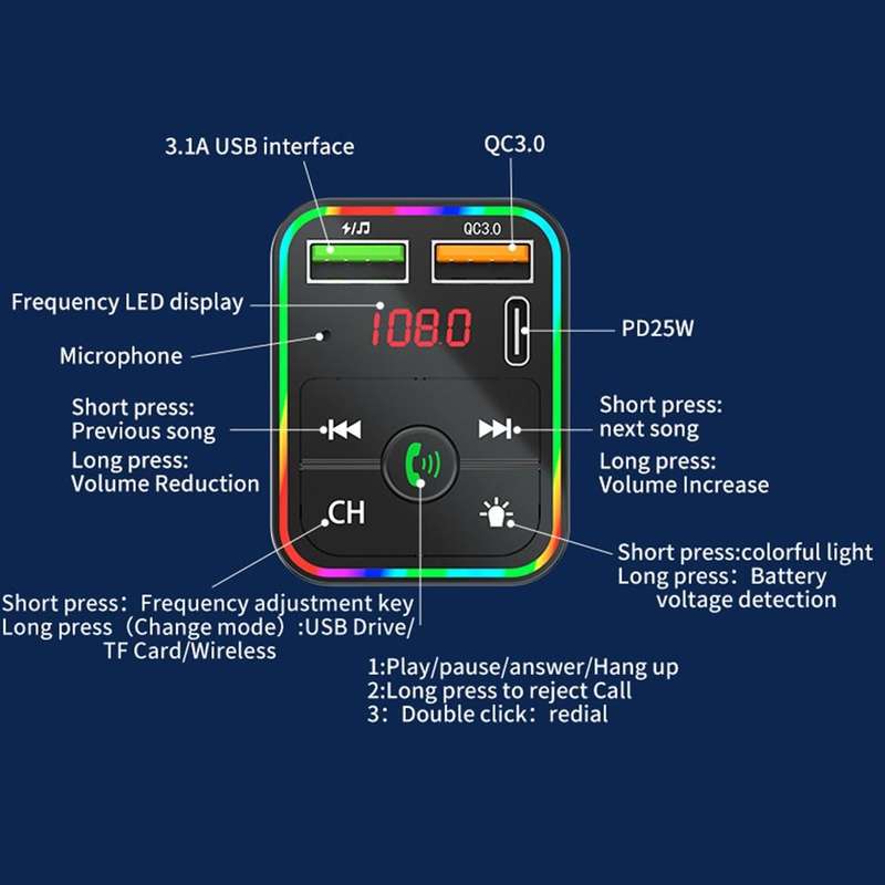 PDF2 With Ambient Light Fast Charger FM Transmitter Bluetooth Hands Free Call MP3 Player