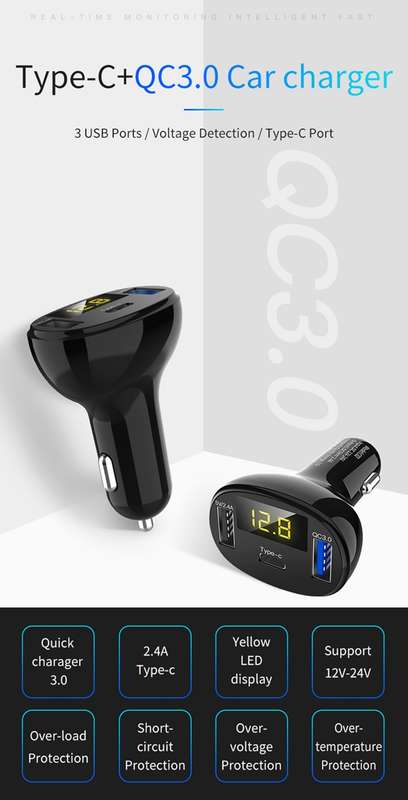 C02 Car Power Adapter in-car Phone Charger Type-C Fast Charger QC3.0 Dual USB Ports DC5V 2.4A 12V 24
