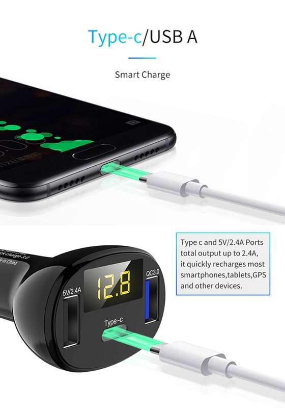 C02 Car Power Adapter in-car Phone Charger Type-C Fast Charger QC3.0 Dual USB Ports DC5V 2.4A 12V 24