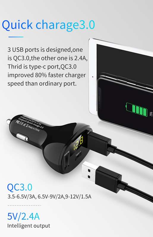C02 Car Power Adapter in-car Phone Charger Type-C Fast Charger QC3.0 Dual USB Ports DC5V 2.4A 12V 24