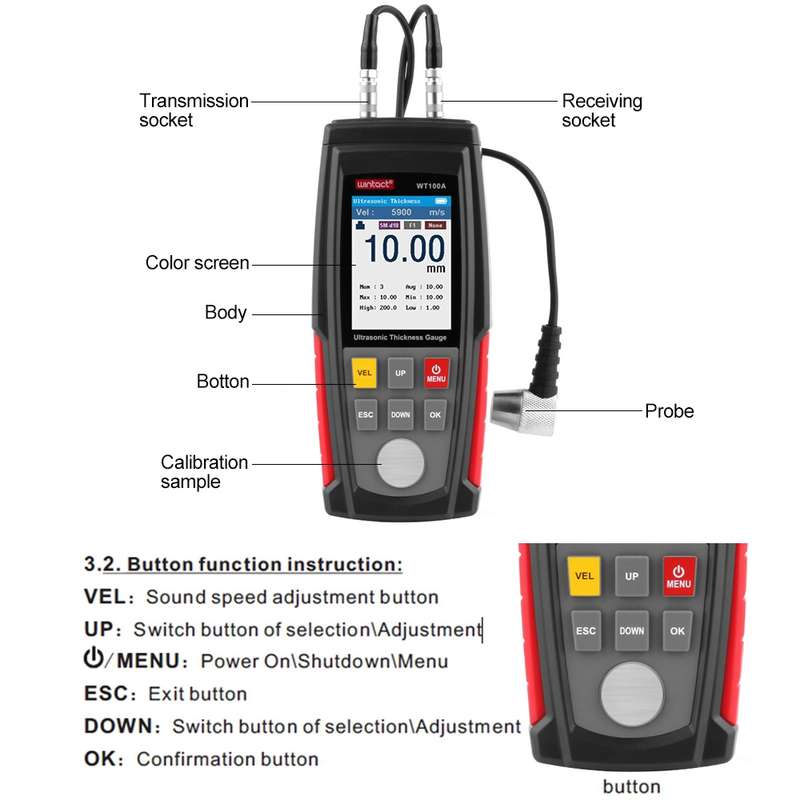 Wintact WT100A Digital Ultrasonic Thickness Gauge Meter Tester USB Charging Digital Thickness Metal