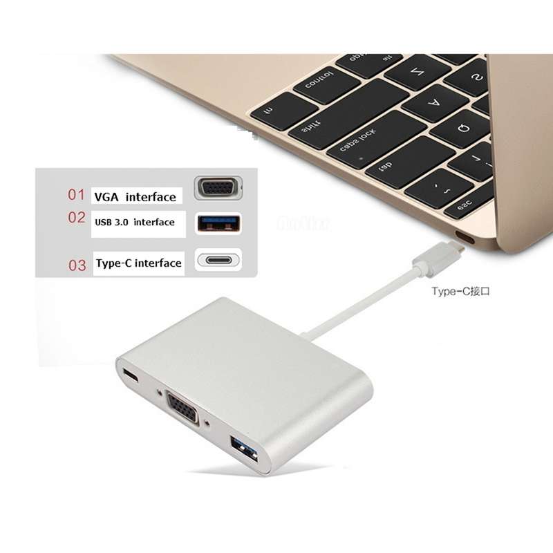USB Type C to VGA 3-in-1 Hub Adapter supports USB Type C tablets and laptops for Macbook Pro / Googl
