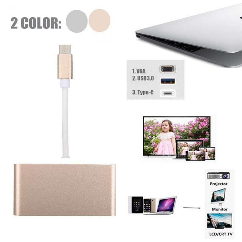 USB Type C to VGA 3-in-1 Hub Adapter supports USB Type C tablets and laptops for Macbook Pro / Googl