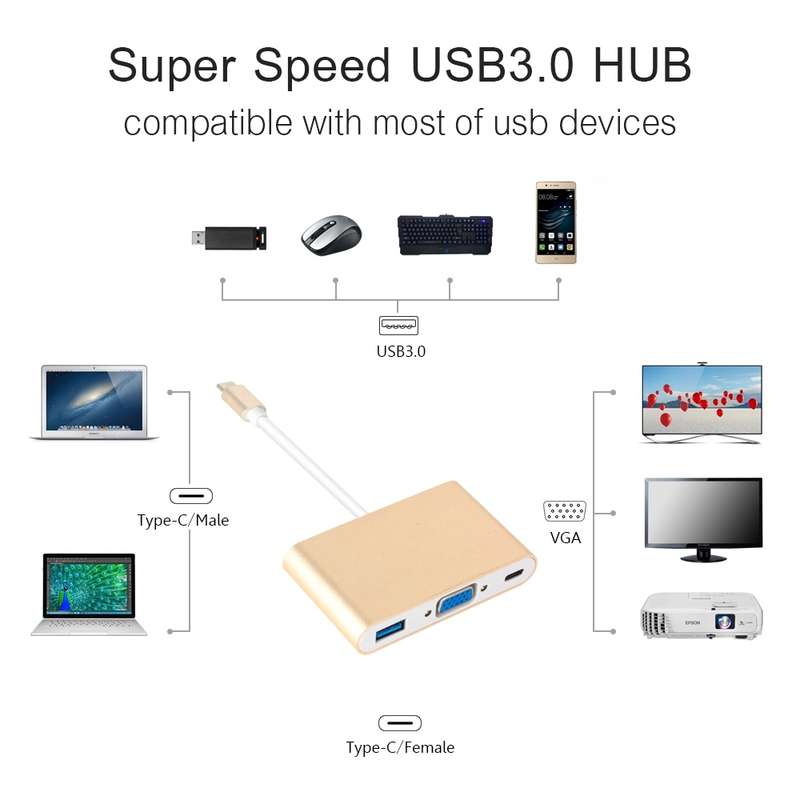 USB Type C to VGA 3-in-1 Hub Adapter supports USB Type C tablets and laptops for Macbook Pro / Googl
