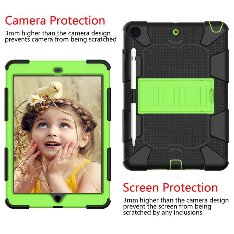 For iPad 10.2 Shockproof Two-Color Silicone Protection Case with Holder & Pen Slot(Black+Blue)