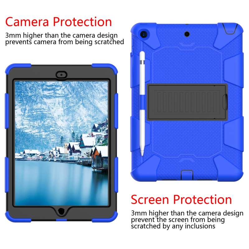 For iPad 10.2 Shockproof Two-Color Silicone Protection Case with Holder & Pen Slot(Black+Blue)