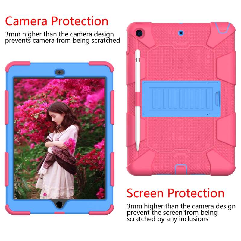 For iPad 10.2 Shockproof Two-Color Silicone Protection Case with Holder & Pen Slot(Black+Blue)