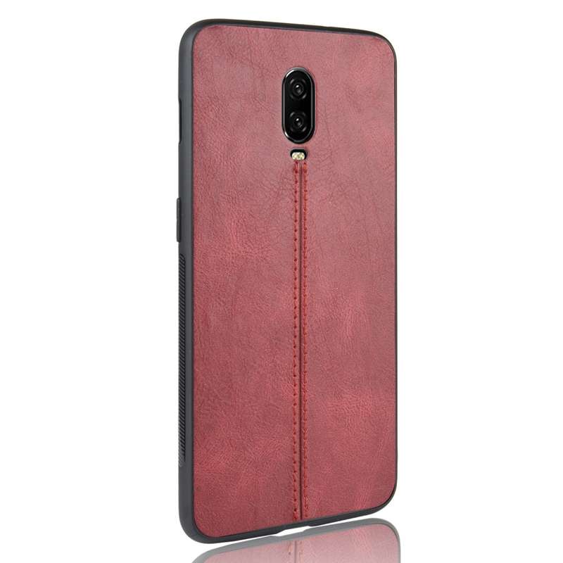 For OnePlus 6T Shockproof Sewing Cow Pattern Skin PC + PU + TPU Case(Red)