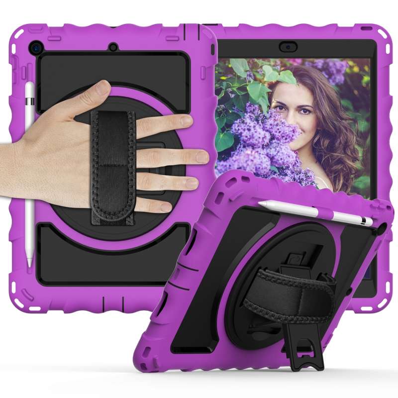 For iPad 10.2 360 Degree Rotating Case with Pencil Holder, Kickstand Shockproof Heavy Duty with Shou