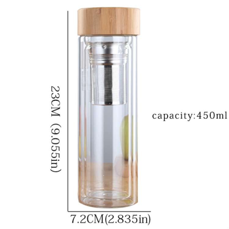 Glass Water Tea Bottles with Infuser Bamboo Lid Double Wall Brief Portable Outdoor Bottle 450ML