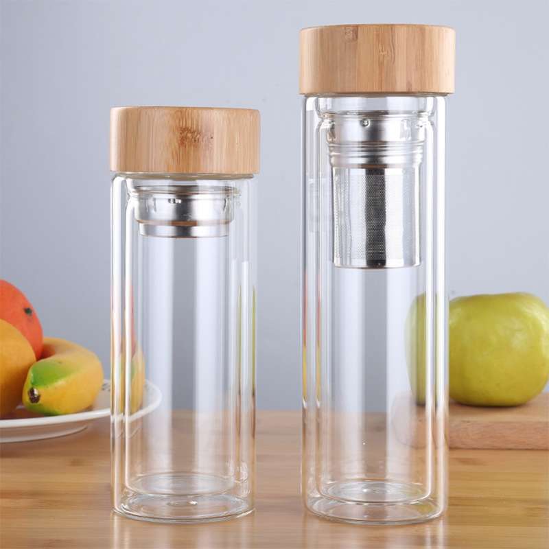 Glass Water Tea Bottles with Infuser Bamboo Lid Double Wall Brief Portable Outdoor Bottle 450ML