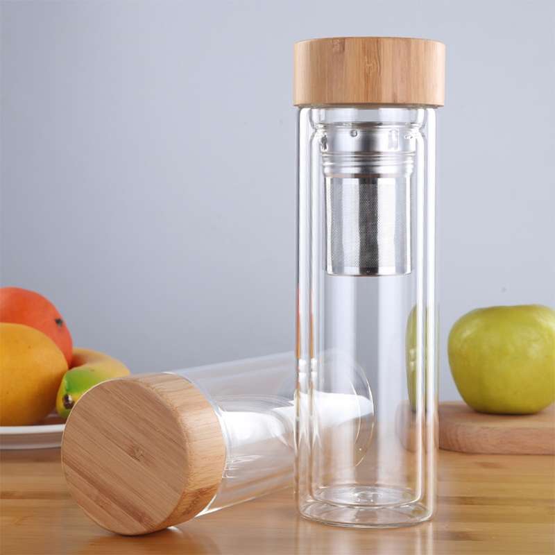 Glass Water Tea Bottles with Infuser Bamboo Lid Double Wall Brief Portable Outdoor Bottle 450ML