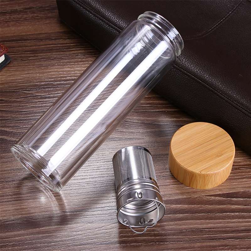 Glass Water Tea Bottles with Infuser Bamboo Lid Double Wall Brief Portable Outdoor Bottle 450ML
