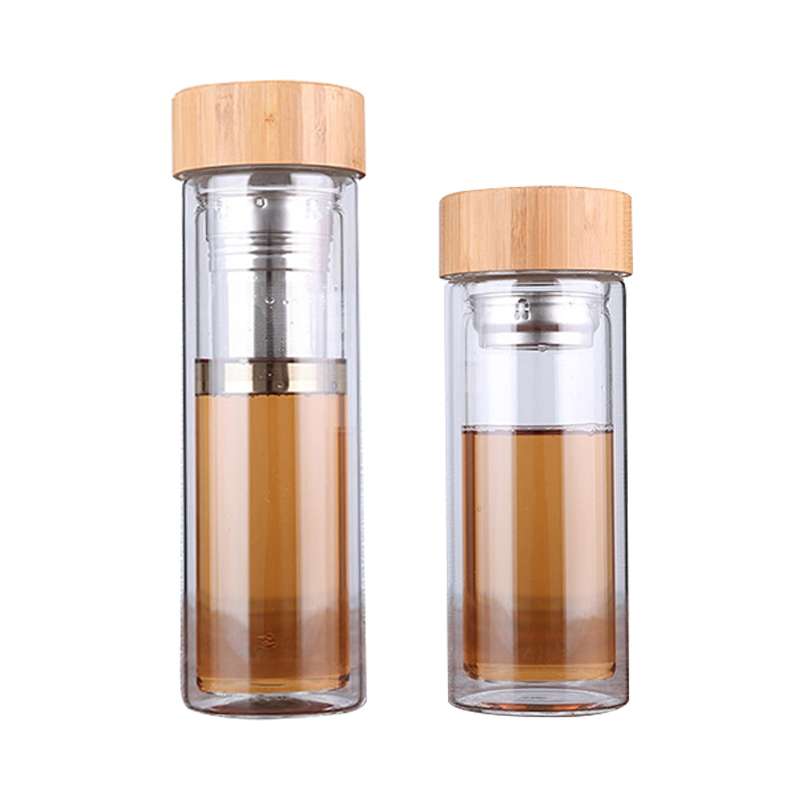 Glass Water Tea Bottles with Infuser Bamboo Lid Double Wall Brief Portable Outdoor Bottle 450ML