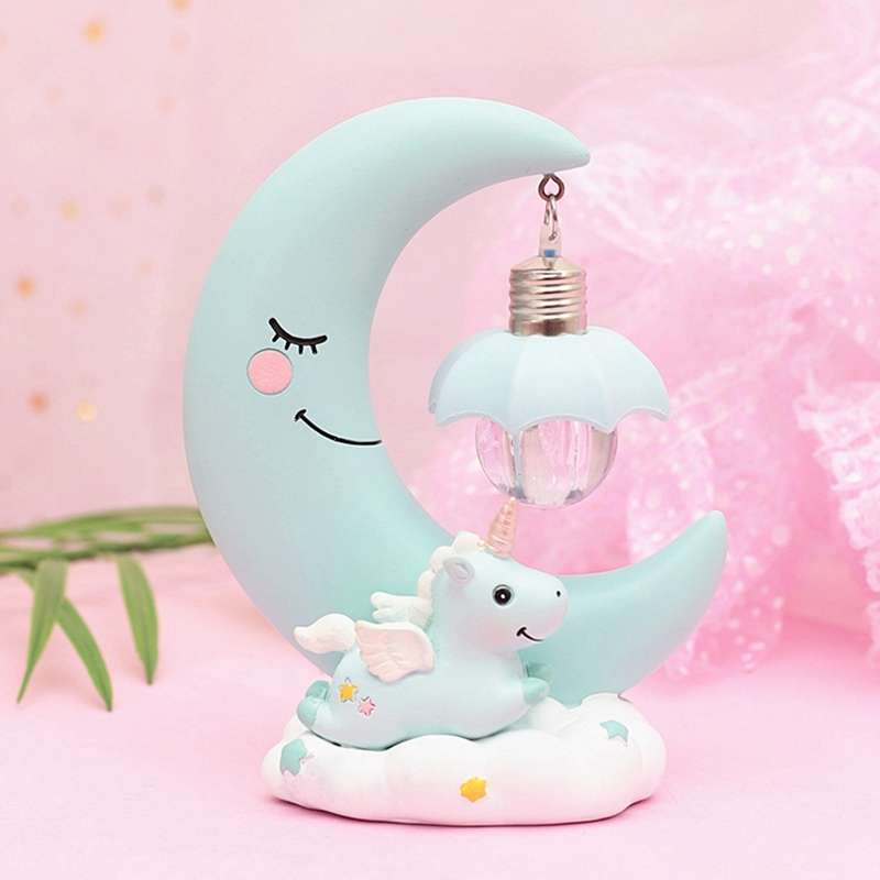 Moon Resin Cartoon Romantic Bedroom Decor Night Lamp Baby Kids Birthday Xmas Gift(Blue)