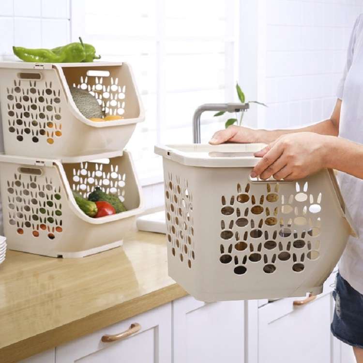 Stackable Kitchen Plastic Storage Basket Bathroom Shelf(Pink)