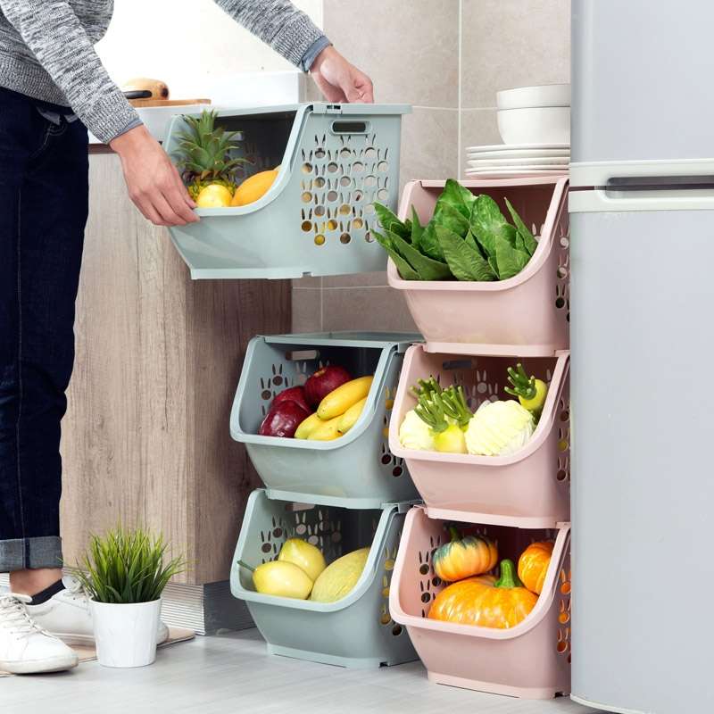 Stackable Kitchen Plastic Storage Basket Bathroom Shelf(Pink)