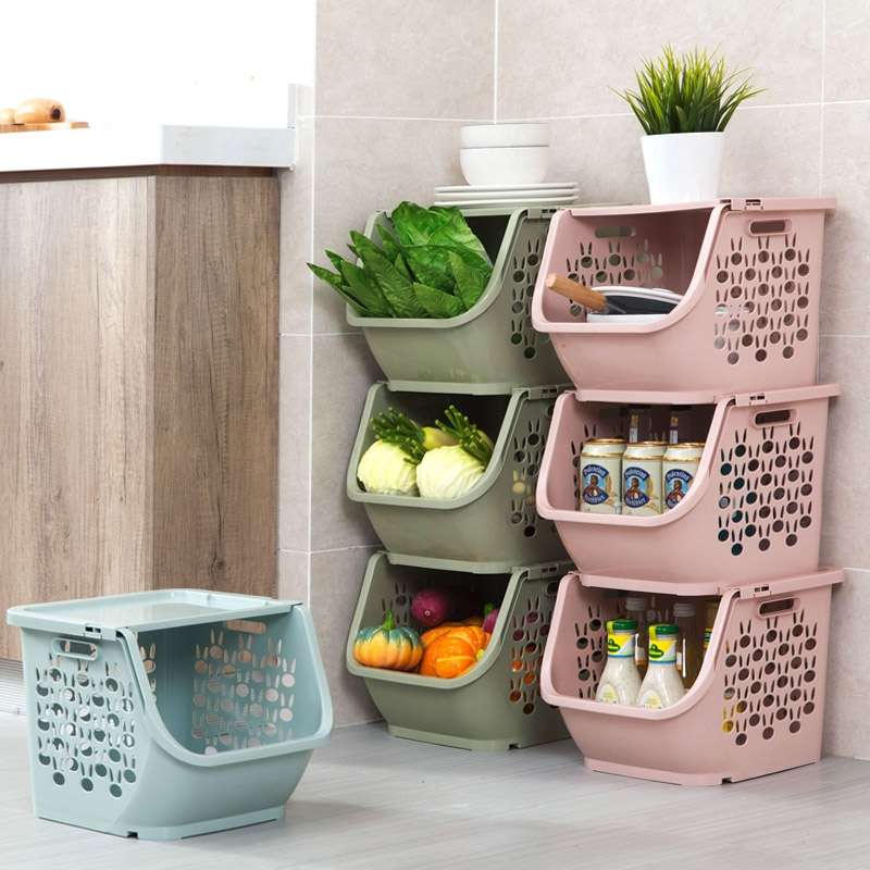 Stackable Kitchen Plastic Storage Basket Bathroom Shelf(Pink)