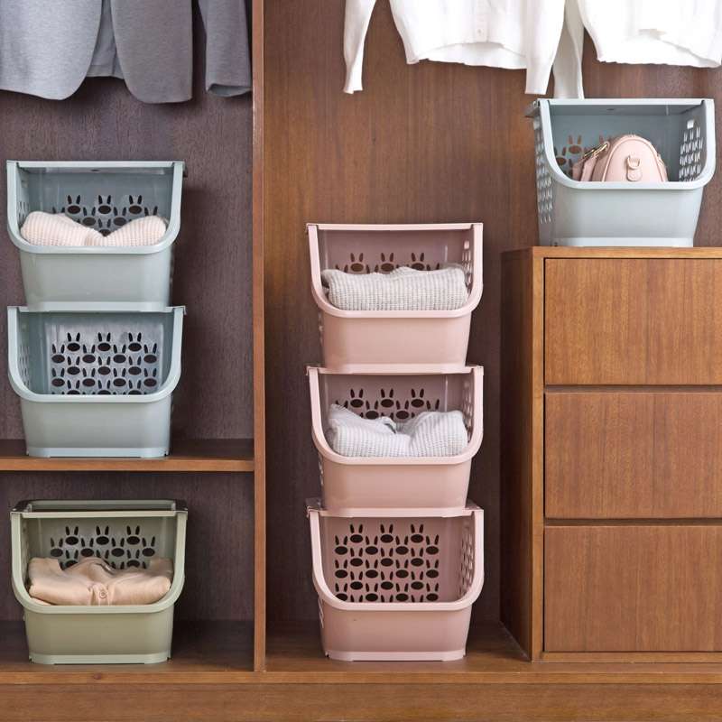 Stackable Kitchen Plastic Storage Basket Bathroom Shelf(Pink)