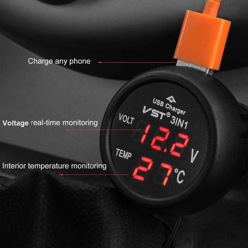 3 In 1 Car USB Charger Car Cigarette Lighter With Voltage Detection Display Multi-function Monitorin