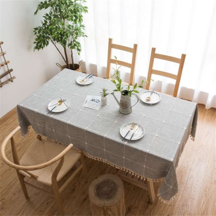 Square Lattice Embroidered Tablecloth Pure Color Cotton Linen Tassel Rectangular Coffee Table Mat, S