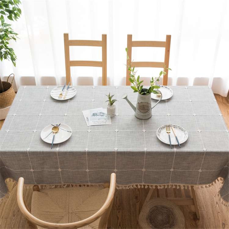 Square Lattice Embroidered Tablecloth Pure Color Cotton Linen Tassel Rectangular Coffee Table Mat, S