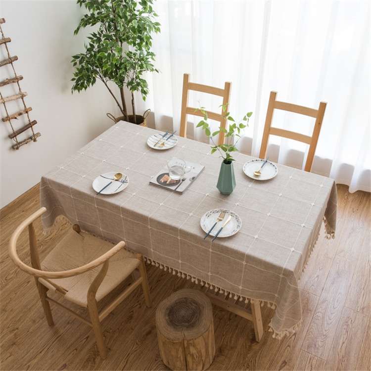 Square Lattice Embroidered Tablecloth Pure Color Cotton Linen Tassel Rectangular Coffee Table Mat, S