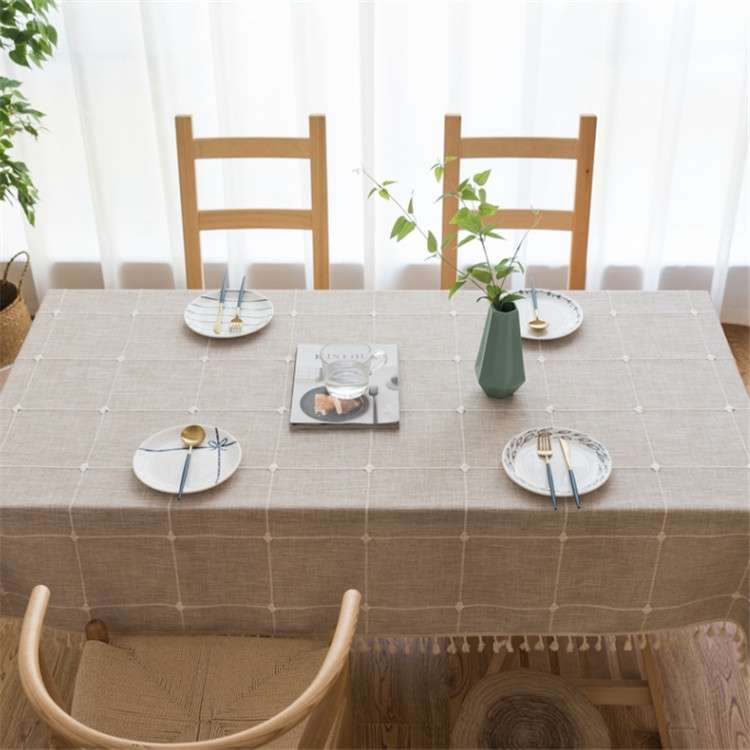 Square Lattice Embroidered Tablecloth Pure Color Cotton Linen Tassel Rectangular Coffee Table Mat, S