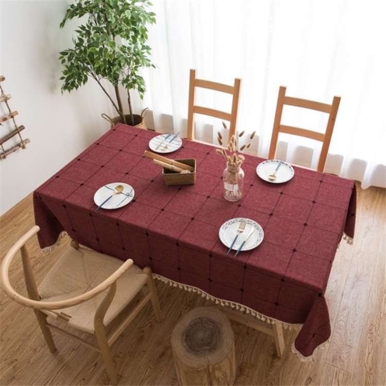 Square Lattice Embroidered Tablecloth Pure Color Cotton Linen Tassel Rectangular Coffee Table Mat, S