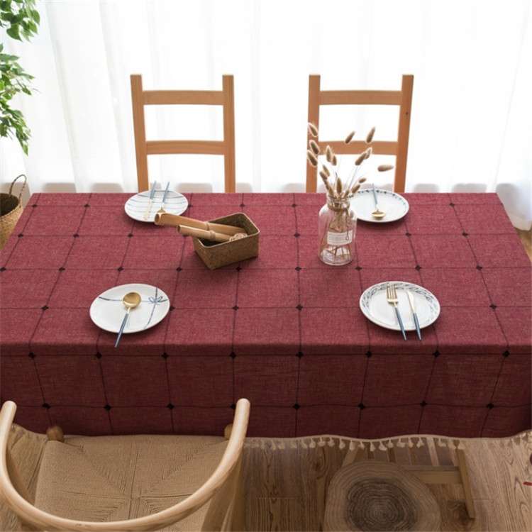 Square Lattice Embroidered Tablecloth Pure Color Cotton Linen Tassel Rectangular Coffee Table Mat, S
