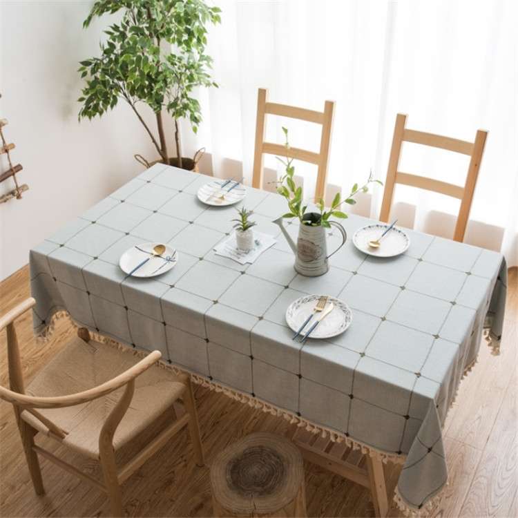 Square Lattice Embroidered Tablecloth Pure Color Cotton Linen Tassel Rectangular Coffee Table Mat, S