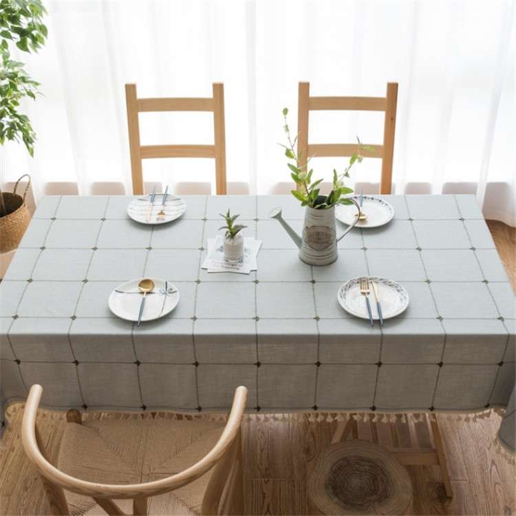 Square Lattice Embroidered Tablecloth Pure Color Cotton Linen Tassel Rectangular Coffee Table Mat, S