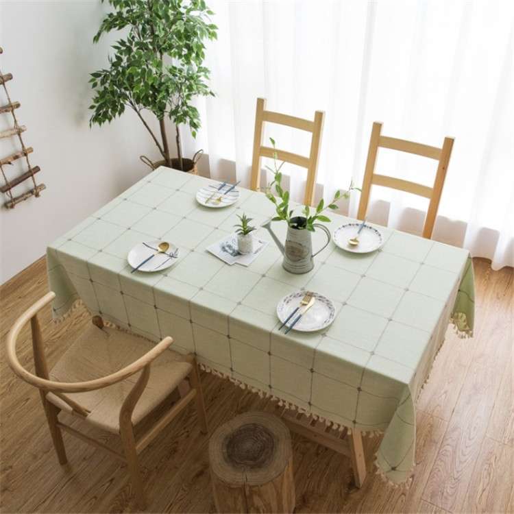 Square Lattice Embroidered Tablecloth Pure Color Cotton Linen Tassel Rectangular Coffee Table Mat, S