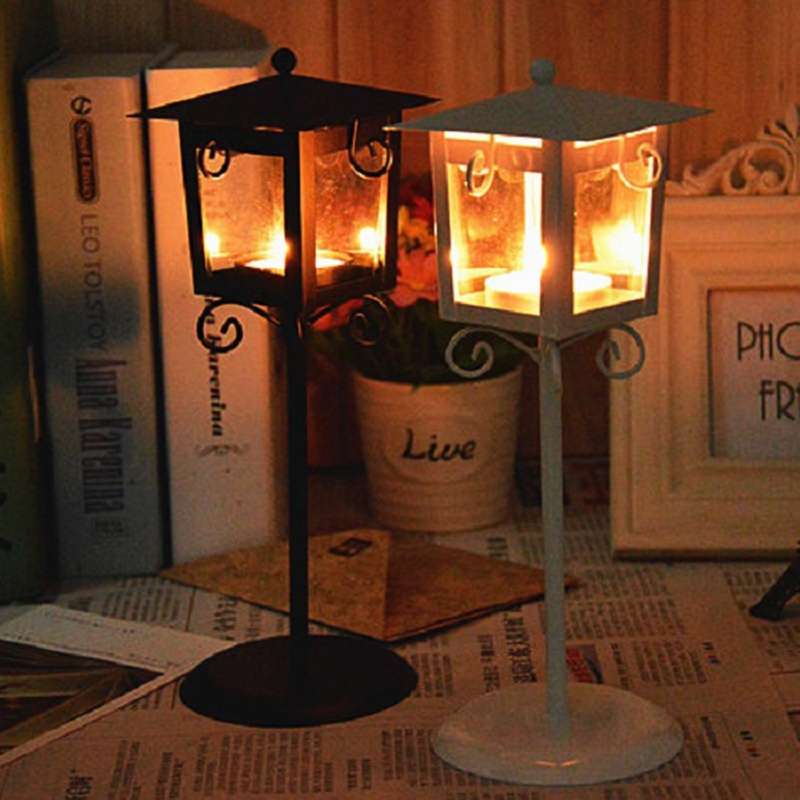 Glass Retro Wrought Iron Street Lamp Candle Holder Home Wedding Decoration(Black)