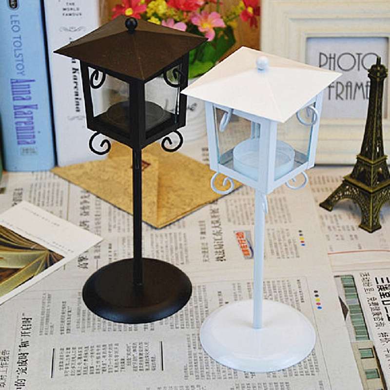 Glass Retro Wrought Iron Street Lamp Candle Holder Home Wedding Decoration(Black)