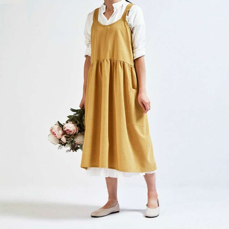High Waist Cotton Linen Solid Color Apron(Black)