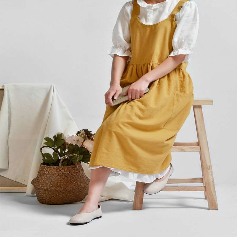High Waist Cotton Linen Solid Color Apron(Black)