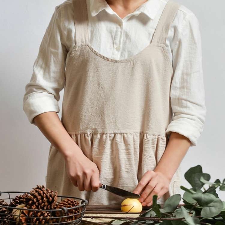 High Waist Cotton Linen Solid Color Apron(Black)