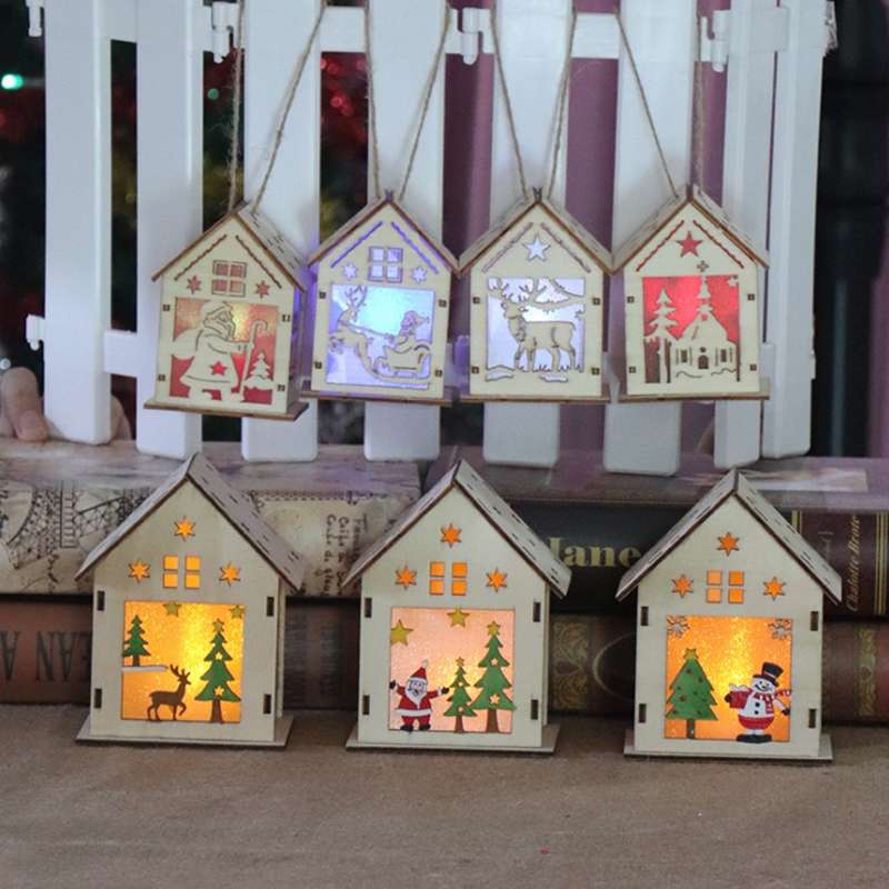 Christmas Luminous Wooden House Christmas Tree Decorations Hanging Ornaments DIY Gift Window Decorat