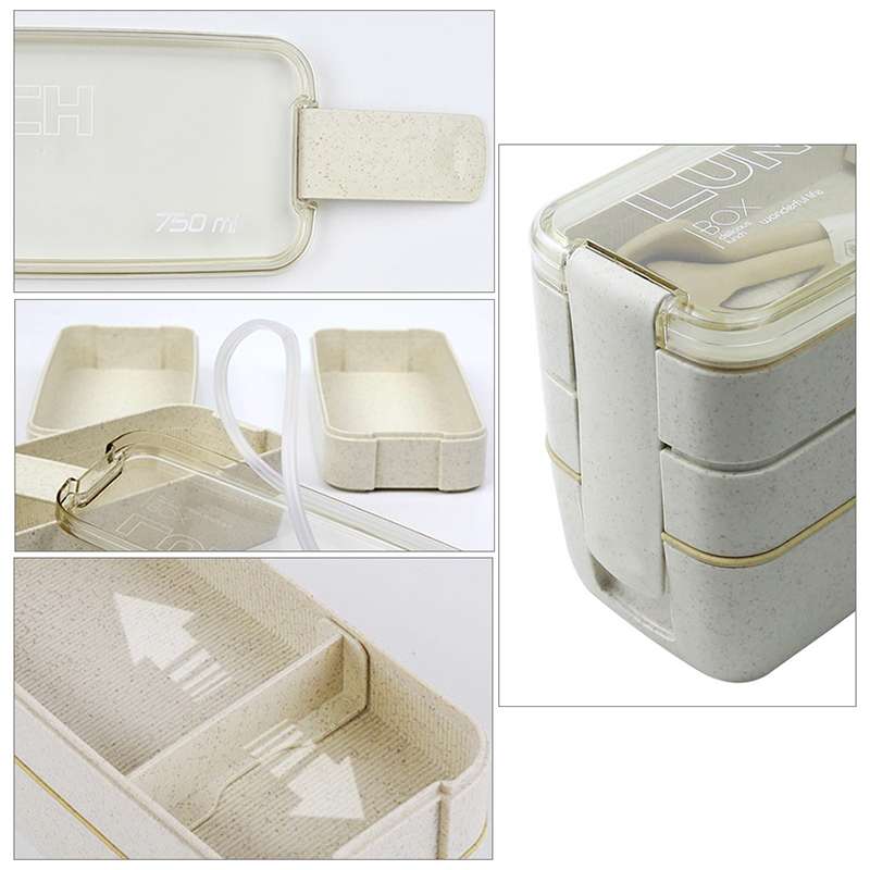 900ml 3 Layers Bento Box Lunch Box Food Container Wheat Straw Material Microwavable Dinnerware Lunch