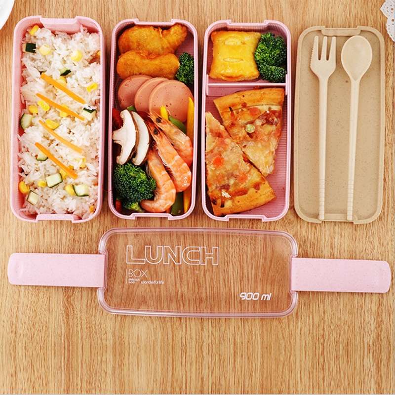 900ml 3 Layers Bento Box Lunch Box Food Container Wheat Straw Material Microwavable Dinnerware Lunch