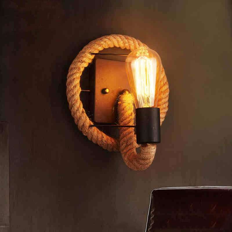 Vintage Hemp Rope Edison Light Bulb Wrought Iron Wall Lamp without Bulb(Oval)