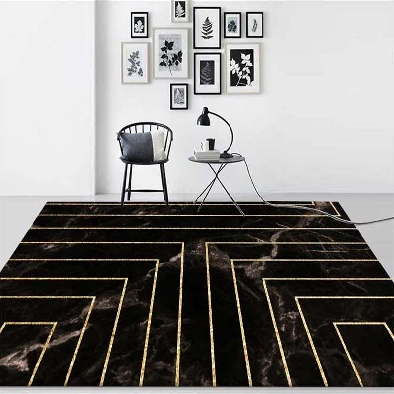 Marble Texture Square Lines Carpets Rugs For Home Living Room, Size:80x120cm(Black Gold)